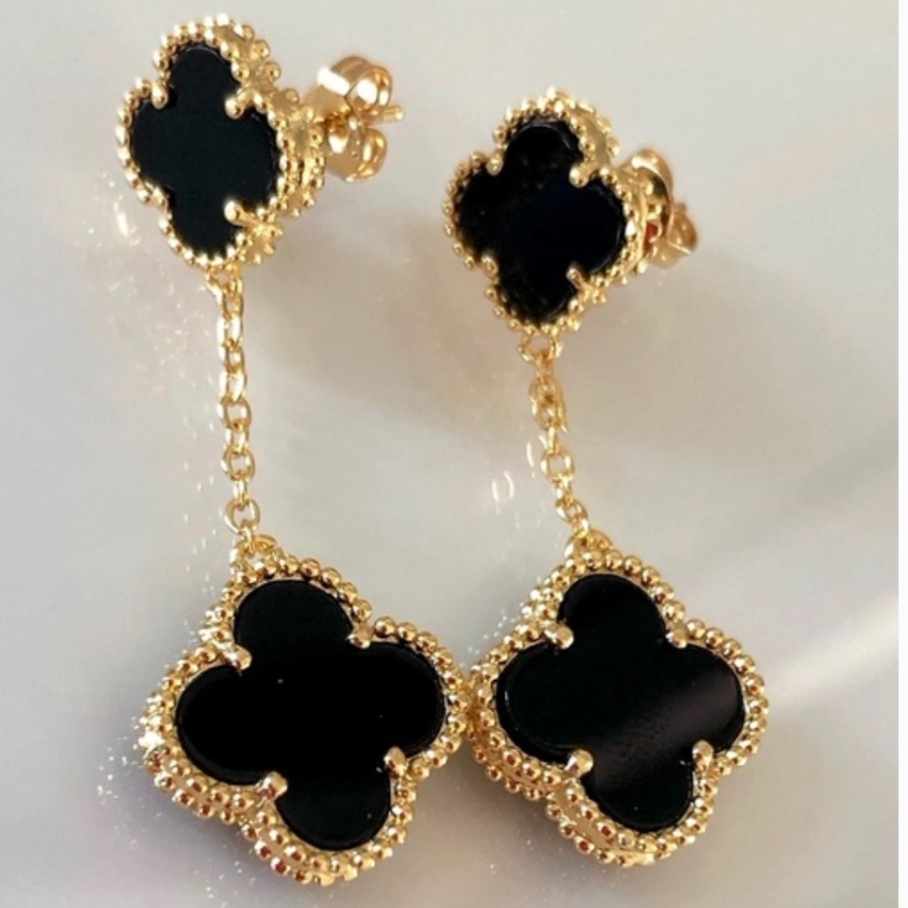Black Onyx Clover Quatrefoil Drop Gold Earrings